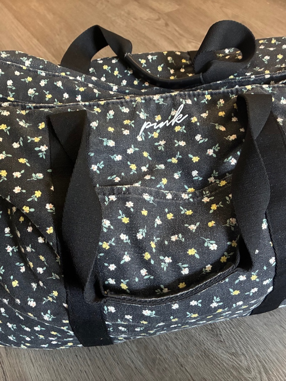 Victoria Secret Pink Med size Duffel bag Black with Yellow & White Flowers